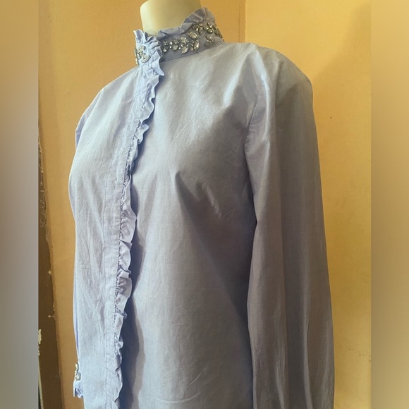 J. Crew Blue 3/4 Sleeve Ruffled Button Down Shirt - Picture 4 of 15